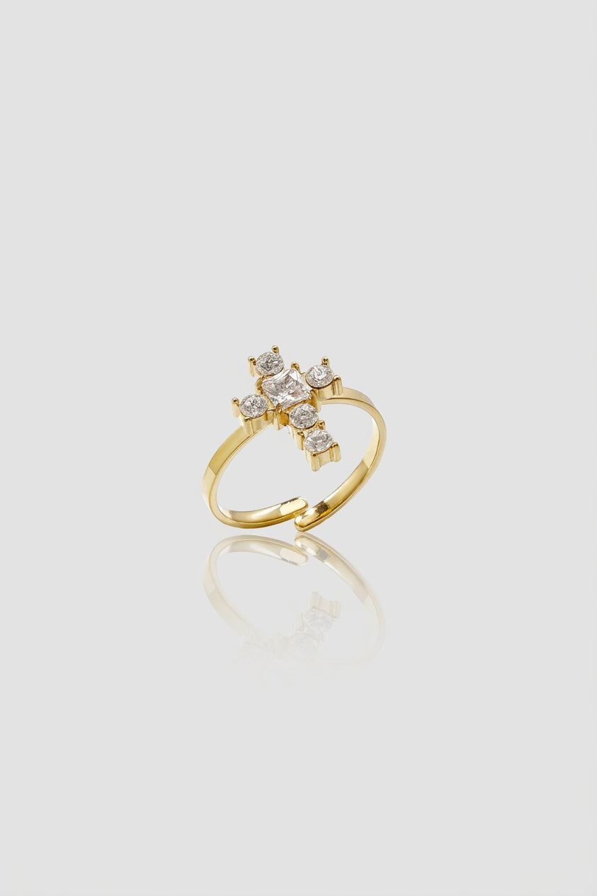 =Bague Ajustable Croix et Cristaux Couleur or | Atelier des bijoux