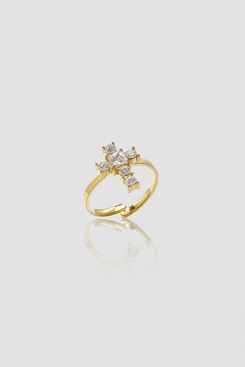 =Bague Ajustable Croix et Cristaux Couleur or | Atelier des bijoux