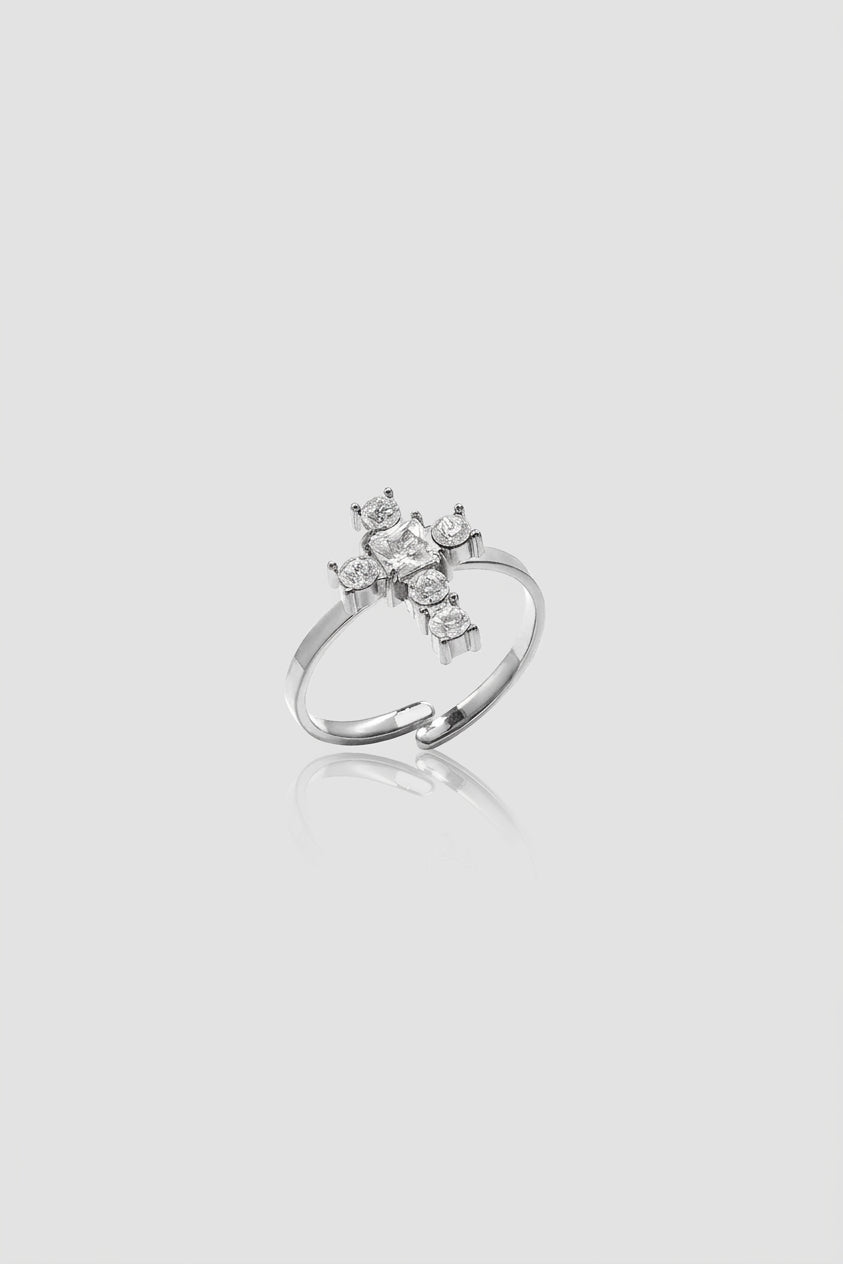 =Bague Ajustable Croix et Cristaux couleur argent | Atelier des bijoux