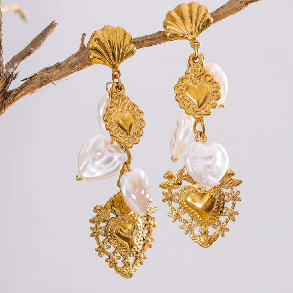 Boucles d'oreilles Sacré Cœur & Perles - Ex - Voto - L'atelier des bijoux