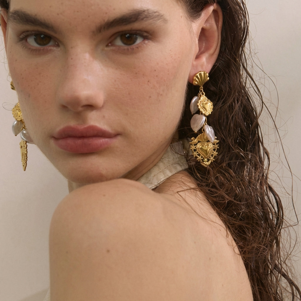 Boucles d'oreilles Sacré Cœur & Perles - Ex - Voto - L'atelier des bijoux