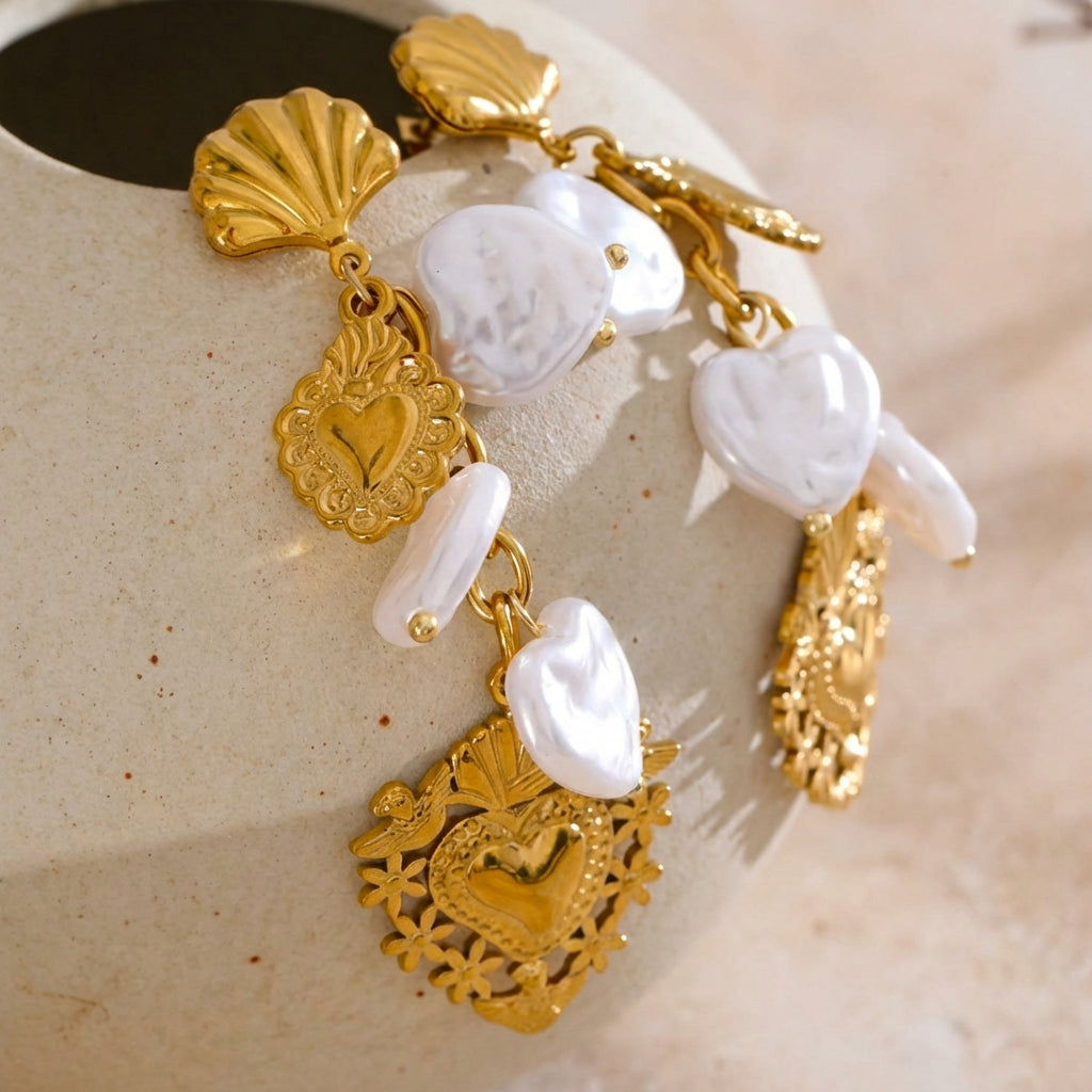 Boucles d'oreilles Sacré Cœur & Perles - Ex - Voto - L'atelier des bijoux