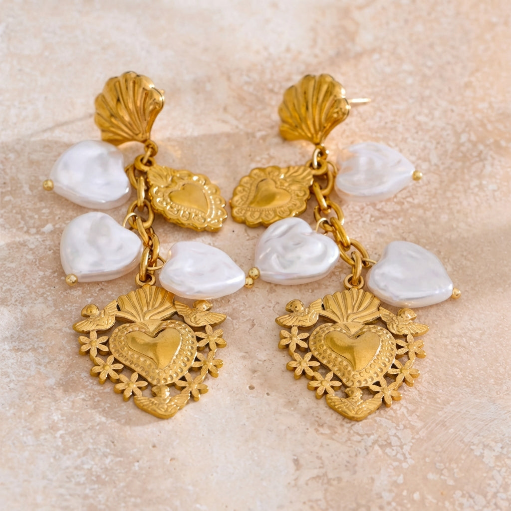 Boucles d'oreilles Sacré Cœur & Perles - Ex - Voto - L'atelier des bijoux
