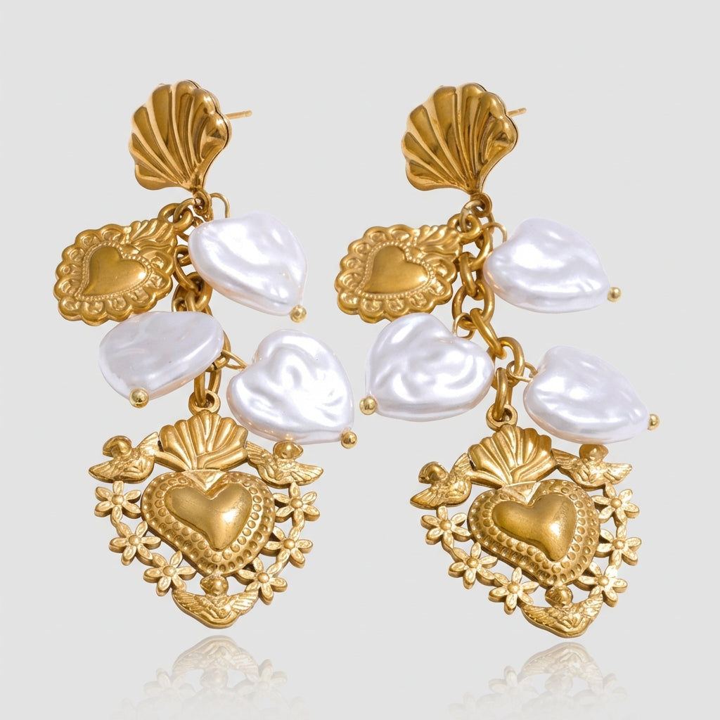 Boucles d'oreilles Sacré Cœur & Perles - Ex - Voto - L'atelier des bijoux