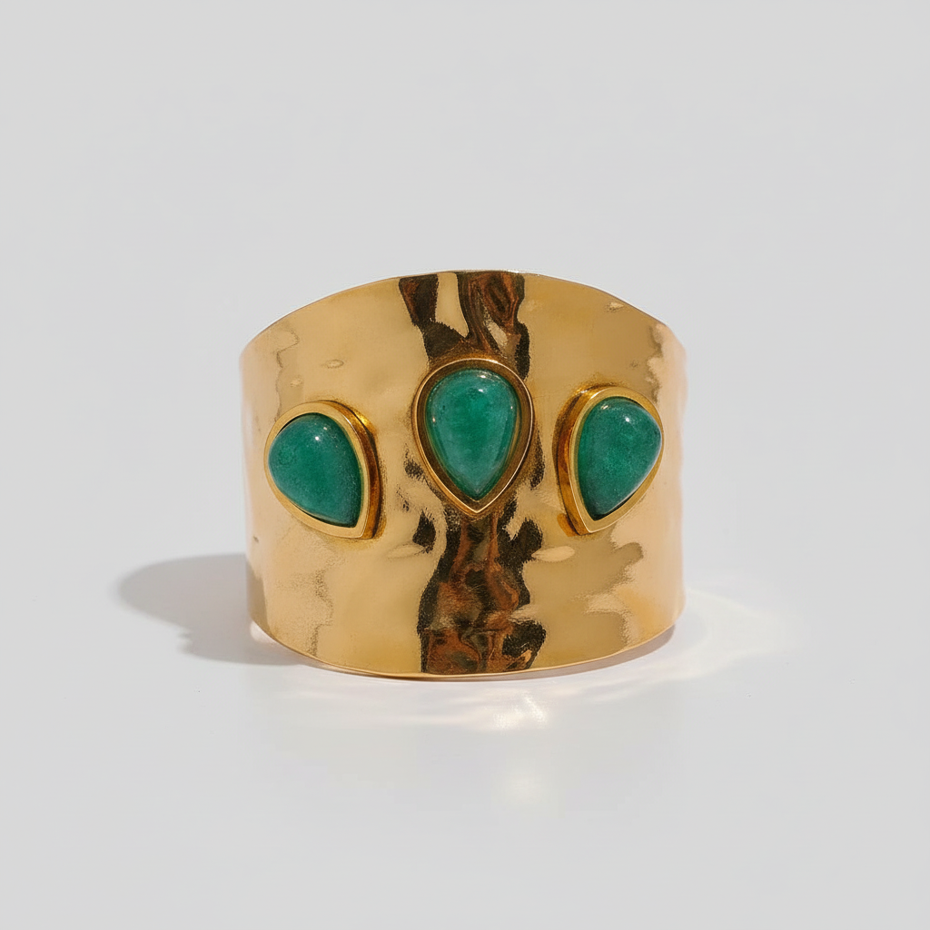 Bague plaqué or avec 3 pierres naturelles vertes Duchesse pour femme - Atelier des bijoux - Or