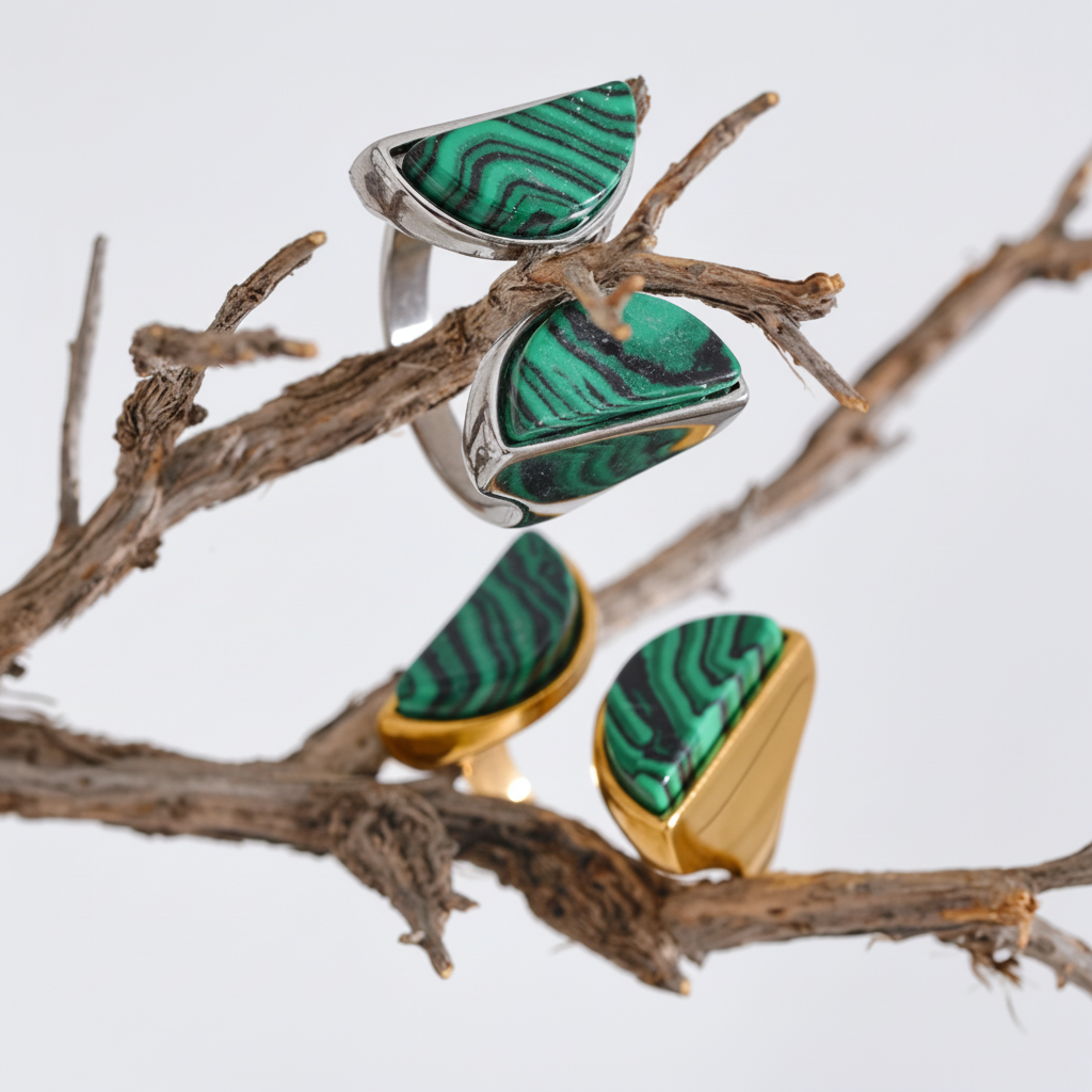 Bague ouverte avec pierre naturelle malachite verte Maureen pour femme - Atelier des bijoux