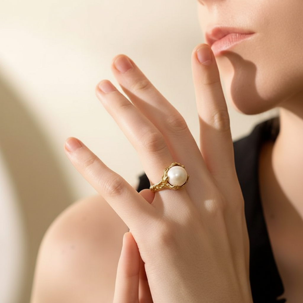 Bague fantaisie plaqué or avec perle Menina pour femme - Atelier des bijoux