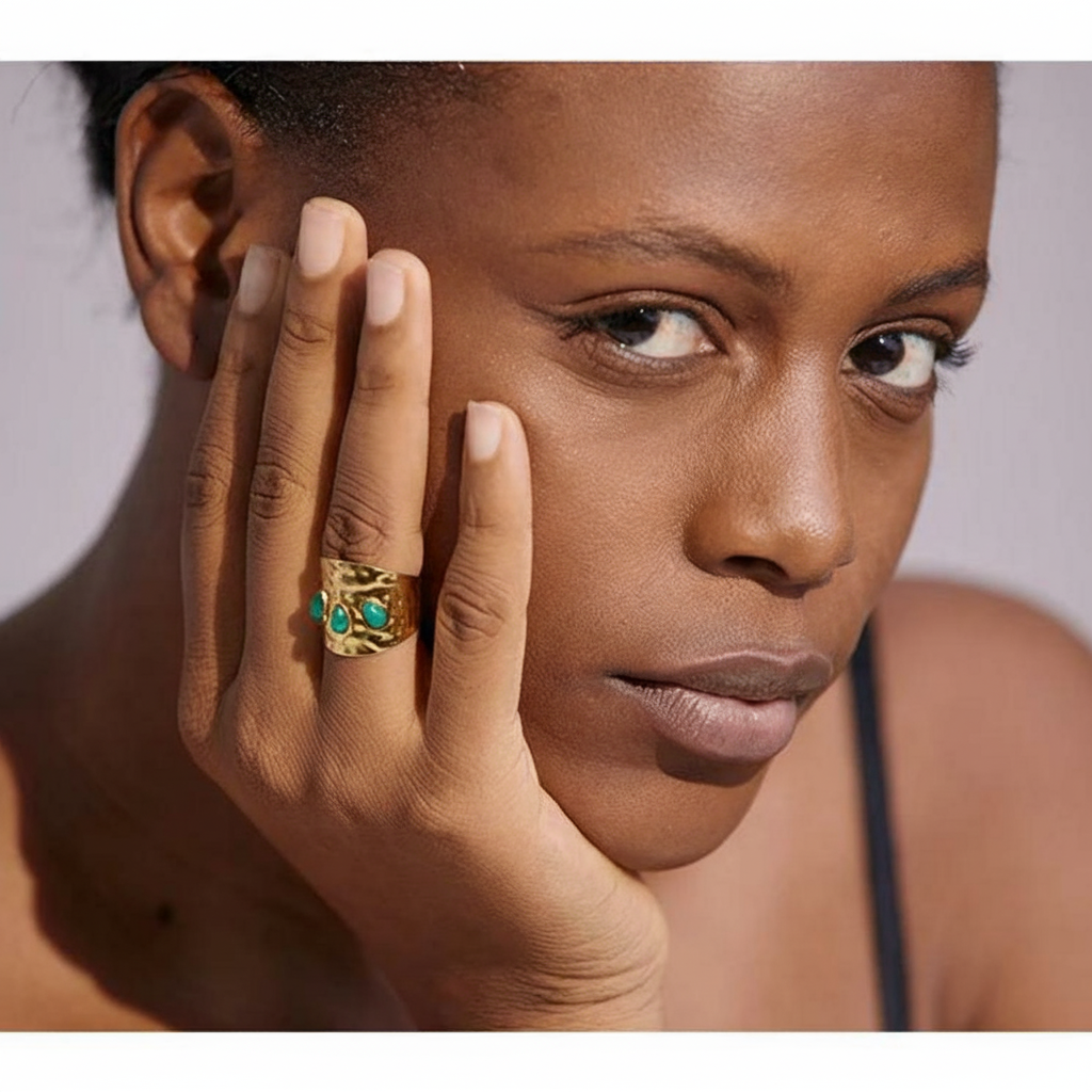 Bague plaqué or avec 3 pierres naturelles vertes Duchesse pour femme - Atelier des bijoux