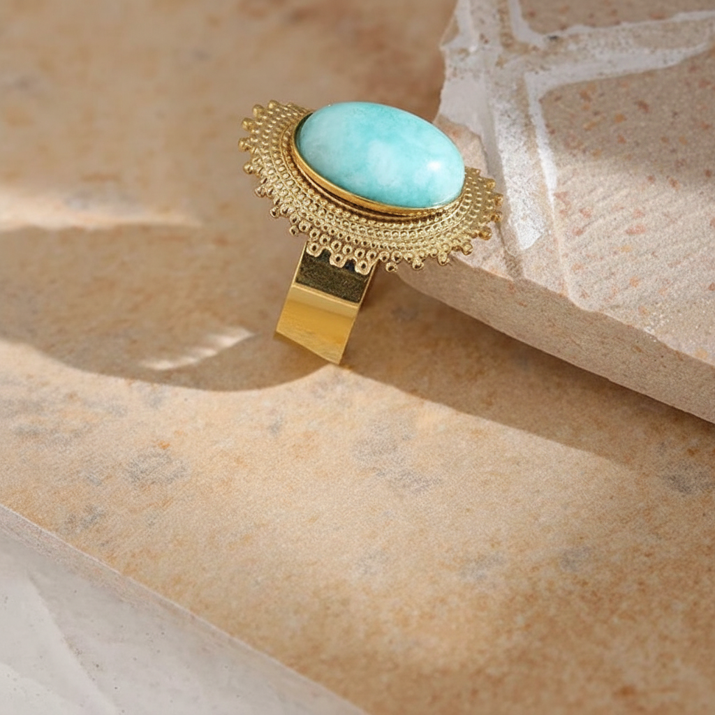 Bague plaqué or avec pierre naturelle turquoise Emma pour femme - Atelier des bijoux