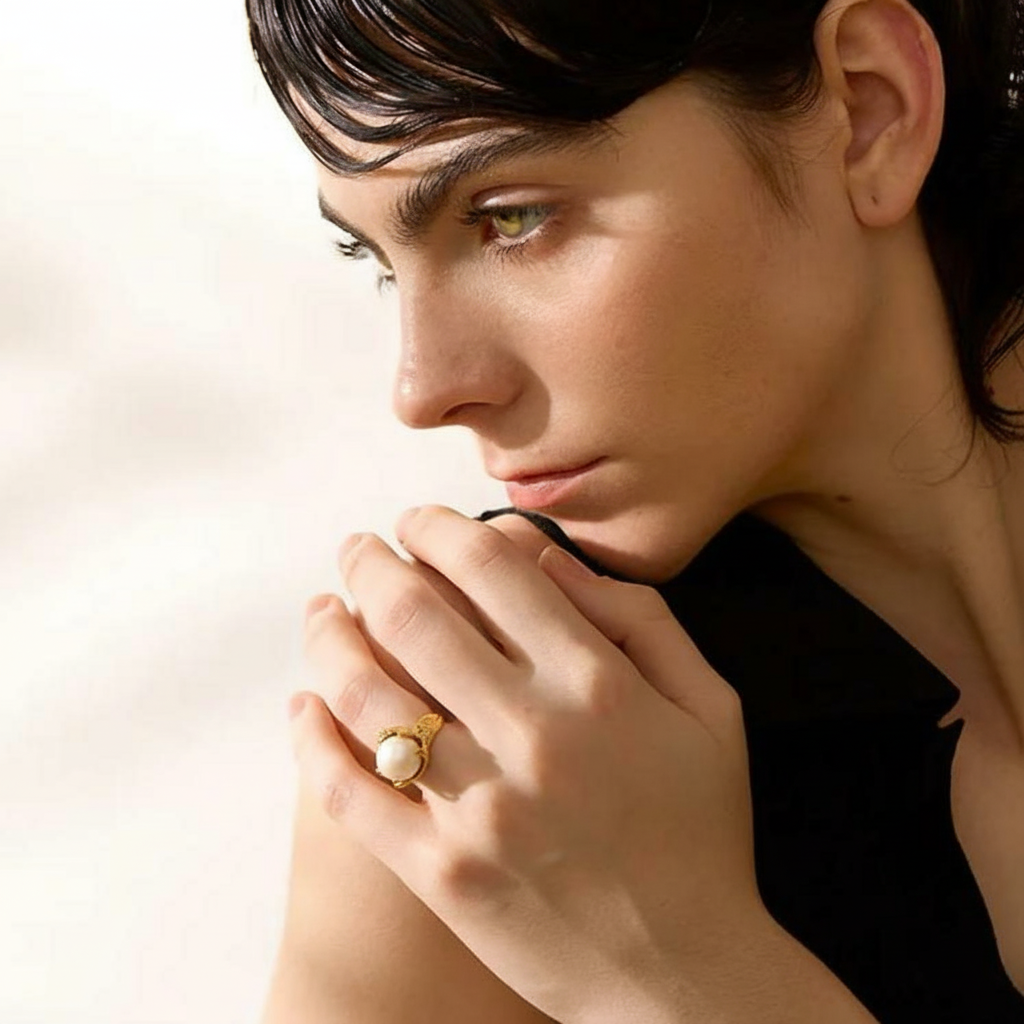 Bague fantaisie plaqué or avec perle Menina pour femme - Atelier des bijoux